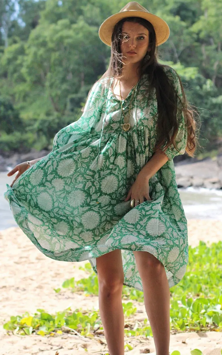 River Goddess 100% Cotton Midi Dress in Hawa Emerald