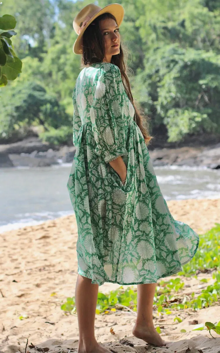 River Goddess 100% Cotton Midi Dress in Hawa Emerald