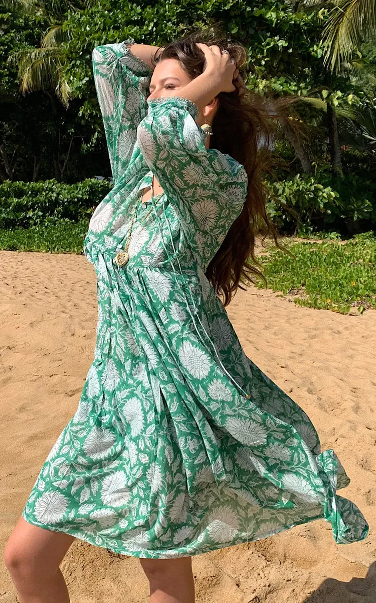 River Goddess 100% Cotton Midi Dress in Hawa Emerald