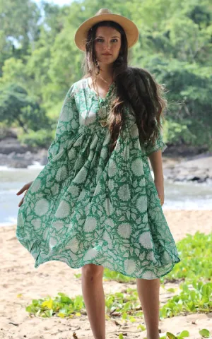 River Goddess 100% Cotton Midi Dress in Hawa Emerald