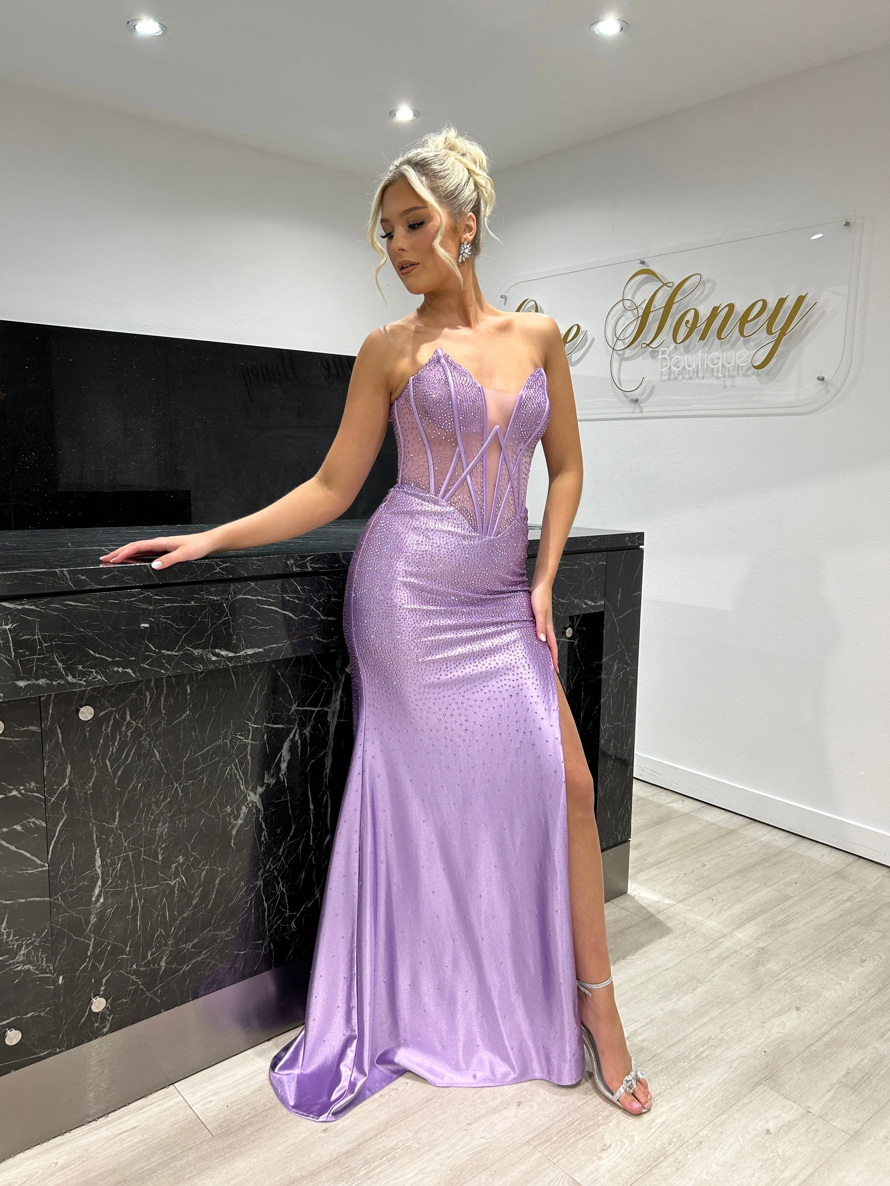 ROMANA Strapless Satin Diamanté Detail Corset Bustier Formal Dress