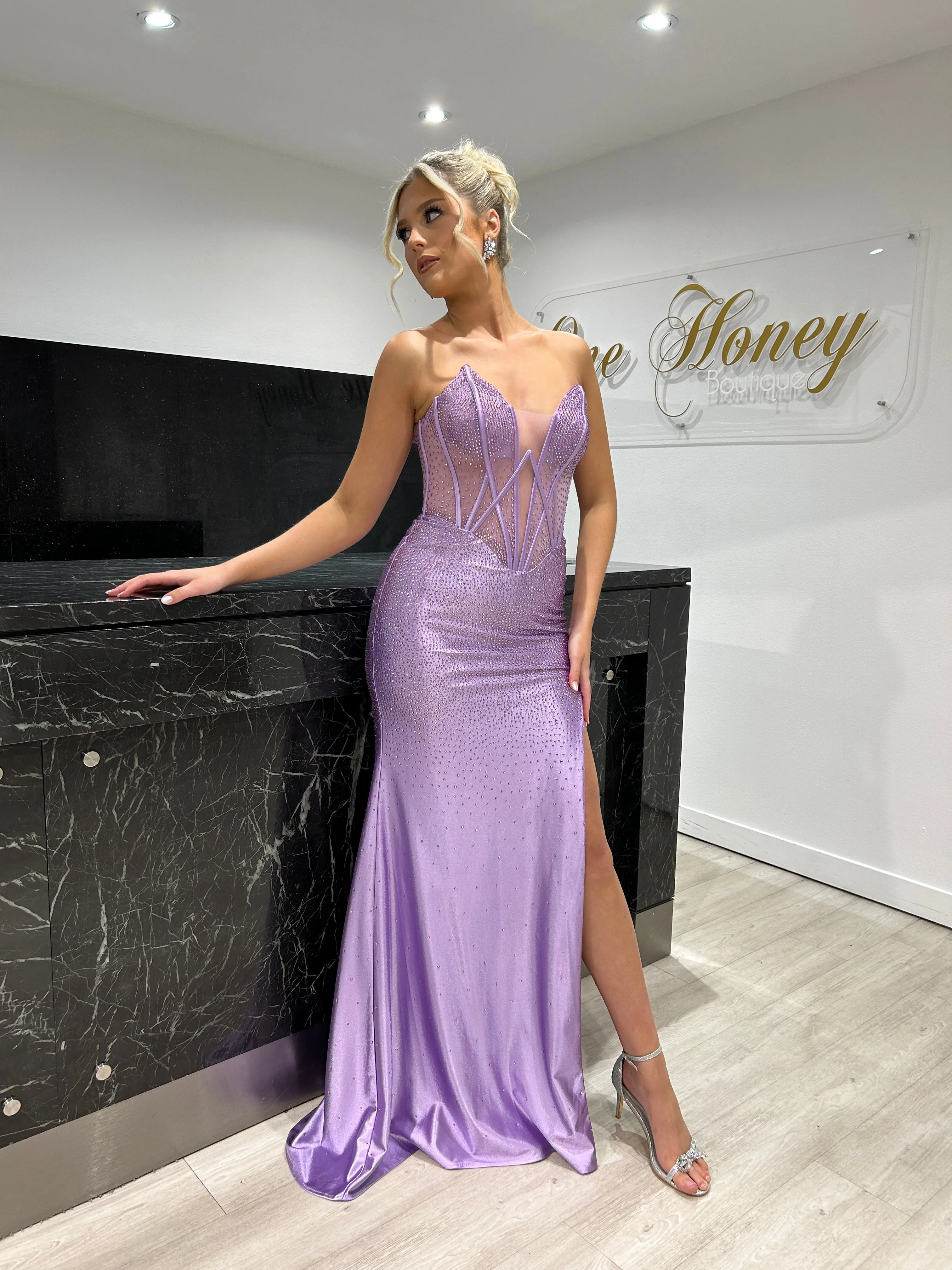 ROMANA Strapless Satin Diamanté Detail Corset Bustier Formal Dress