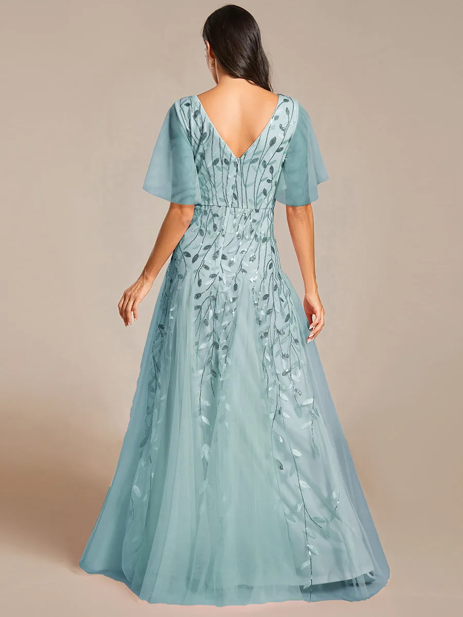 Romantic Shimmery V Neck Ruffle Sleeves Maxi Long Evening Gowns