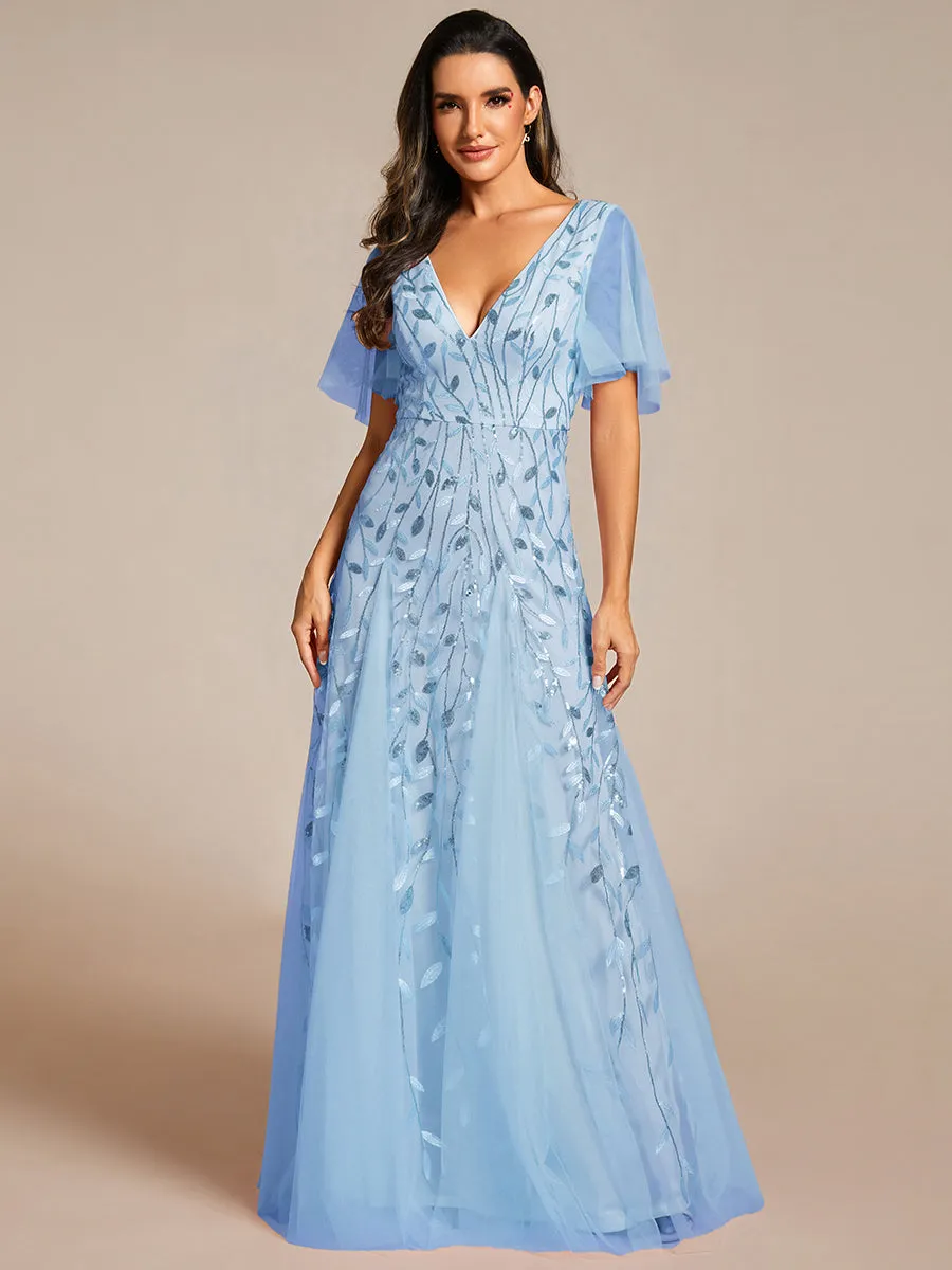 Romantic Shimmery V Neck Ruffle Sleeves Maxi Long Evening Gowns
