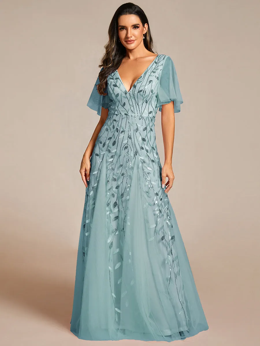 Romantic Shimmery V Neck Ruffle Sleeves Maxi Long Evening Gowns