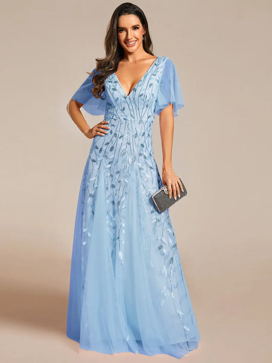 Romantic Shimmery V Neck Ruffle Sleeves Maxi Long Evening Gowns