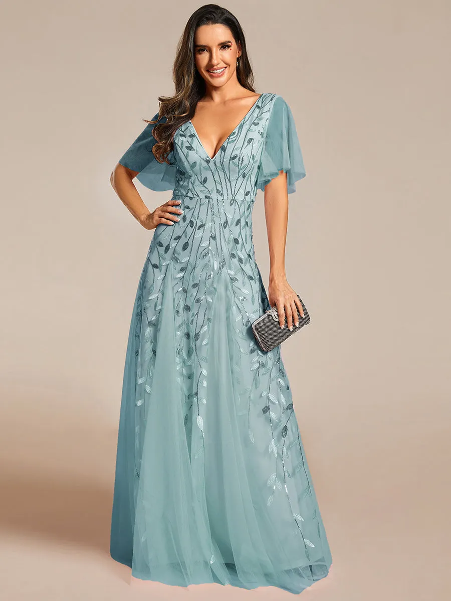 Romantic Shimmery V Neck Ruffle Sleeves Maxi Long Evening Gowns