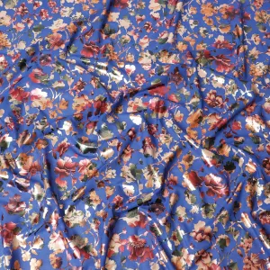 Royal blue cotton voile fabric with multicolor metallic foil print in floral design-D9778