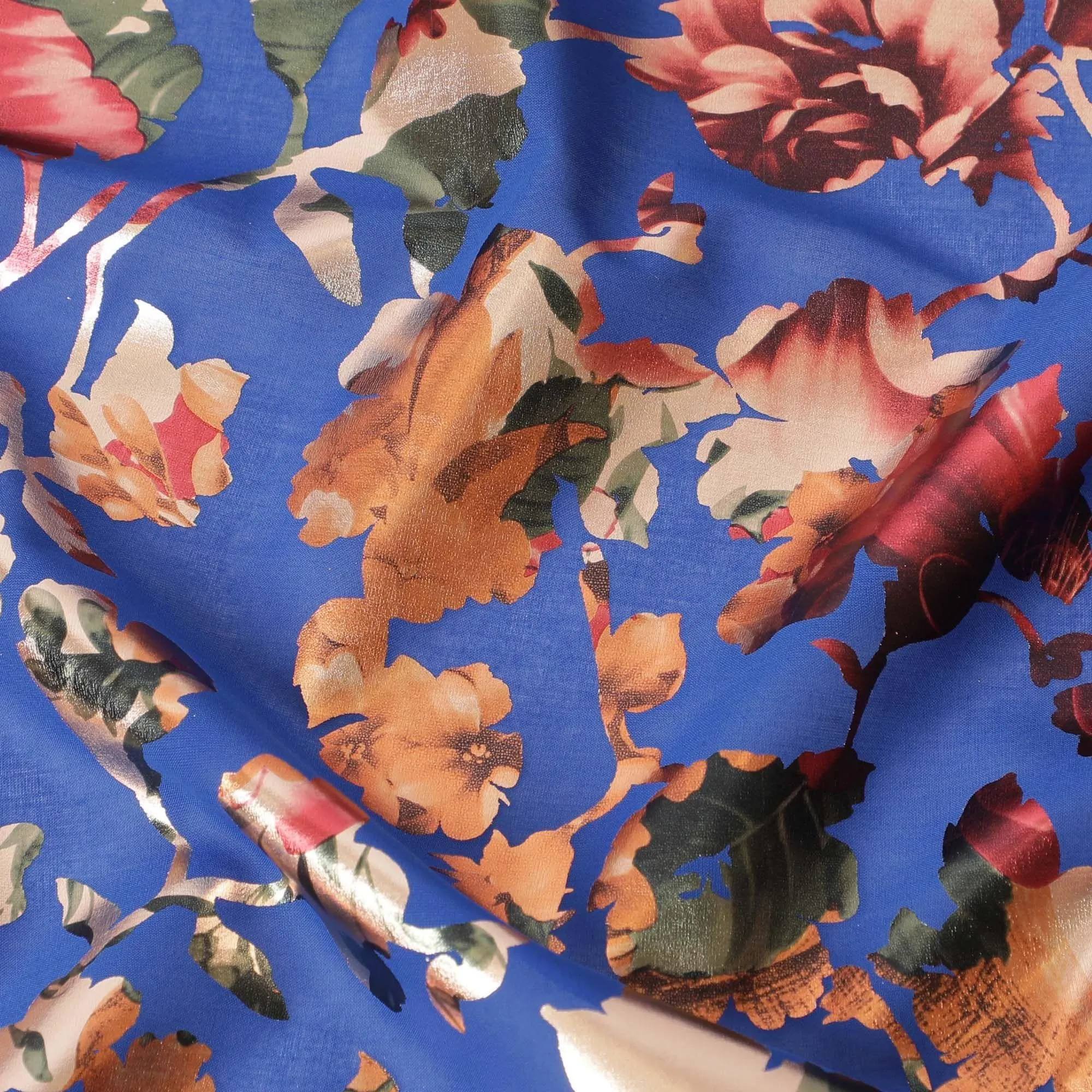 Royal blue cotton voile fabric with multicolor metallic foil print in floral design-D9778