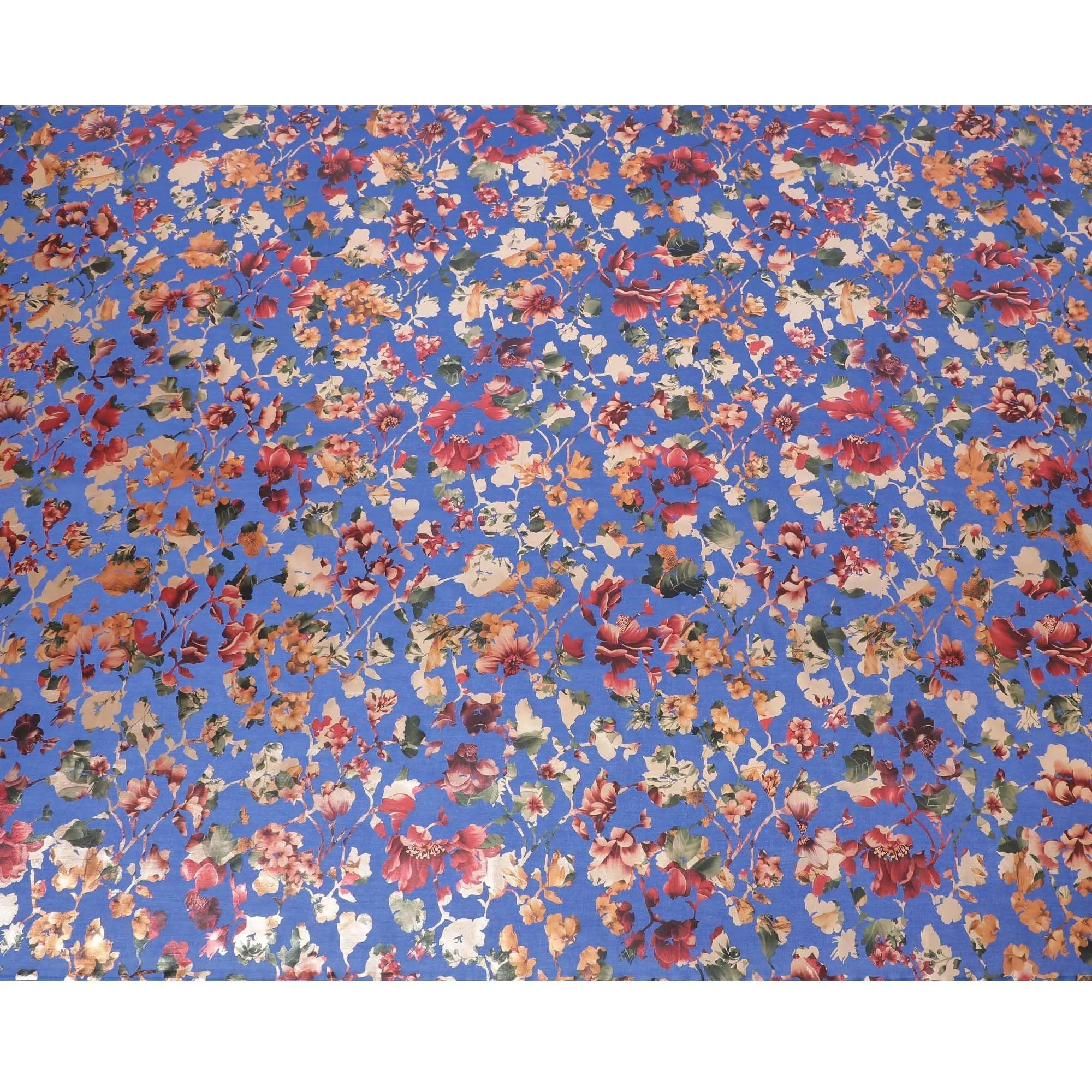Royal blue cotton voile fabric with multicolor metallic foil print in floral design-D9778