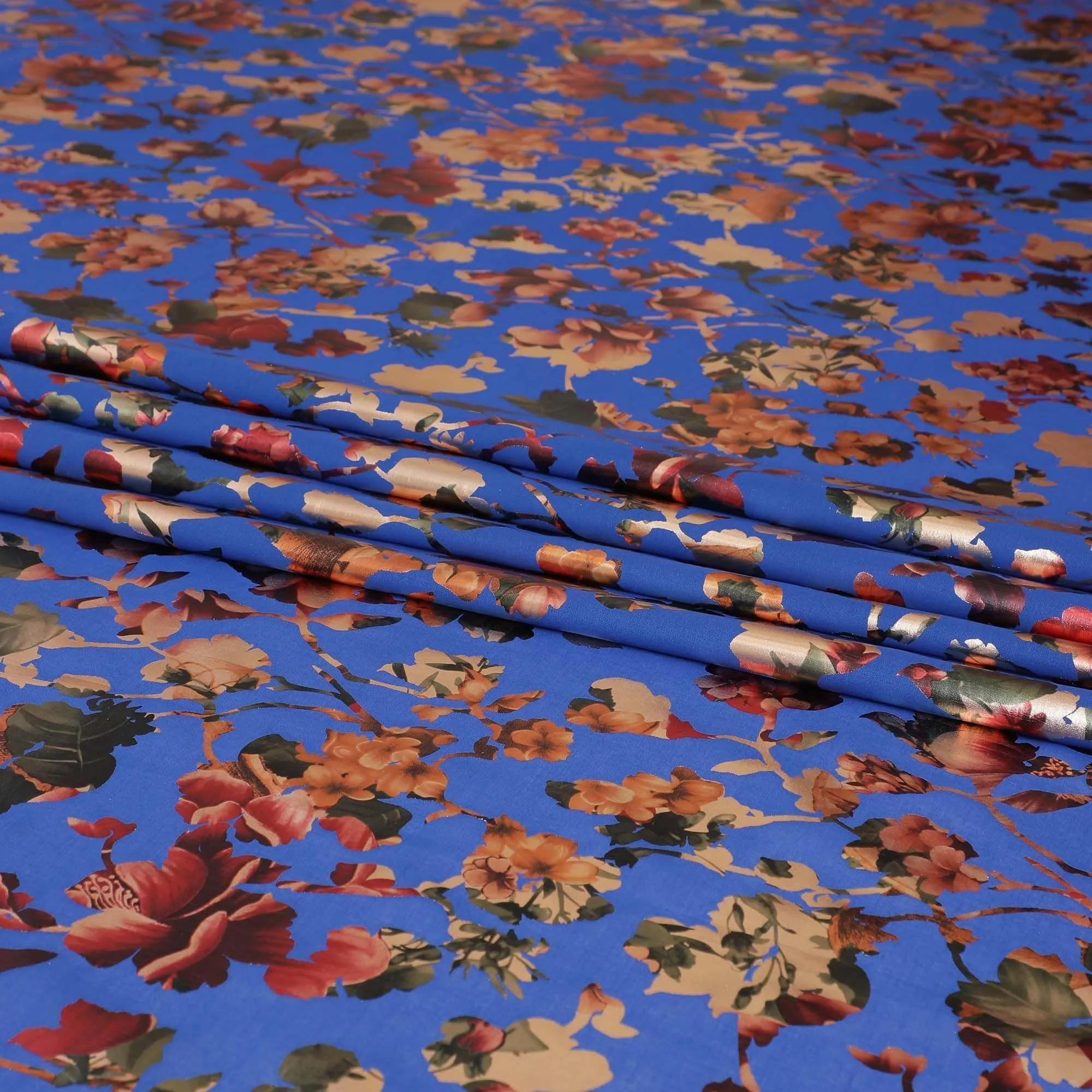 Royal blue cotton voile fabric with multicolor metallic foil print in floral design-D9778