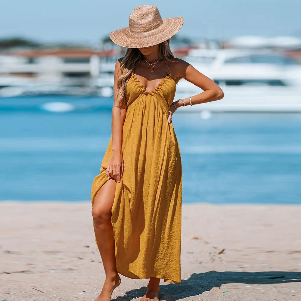 Ruffled Halter V-Neck Backless Loose A-Line Maxi Sundress