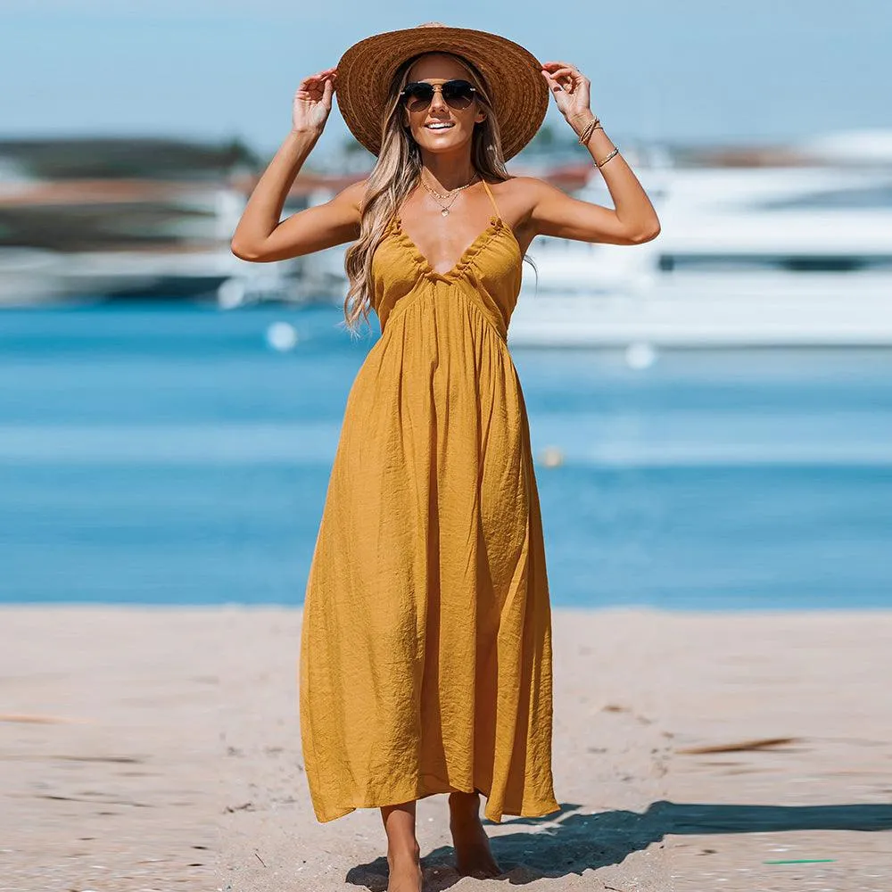 Ruffled Halter V-Neck Backless Loose A-Line Maxi Sundress