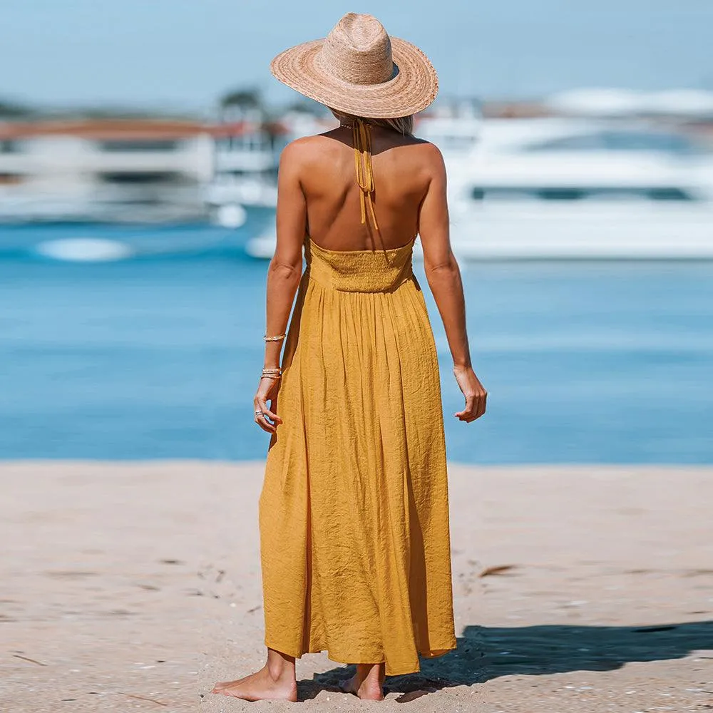 Ruffled Halter V-Neck Backless Loose A-Line Maxi Sundress
