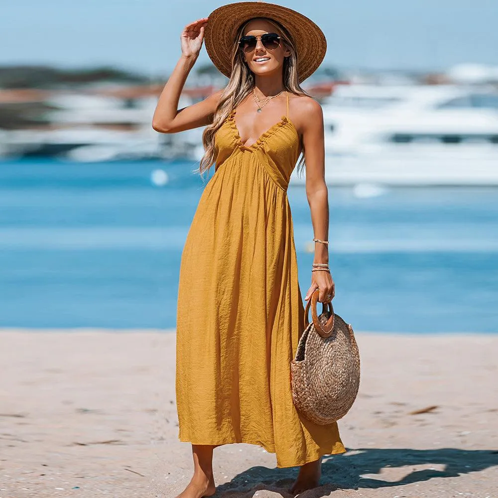 Ruffled Halter V-Neck Backless Loose A-Line Maxi Sundress