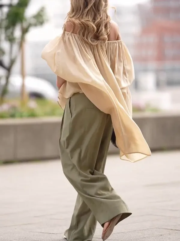 See-Through Solid Color Half Sleeves Loose Off-The-Shoulder Blouses&Shirts Tops