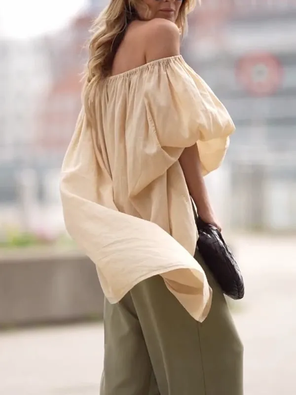 See-Through Solid Color Half Sleeves Loose Off-The-Shoulder Blouses&Shirts Tops