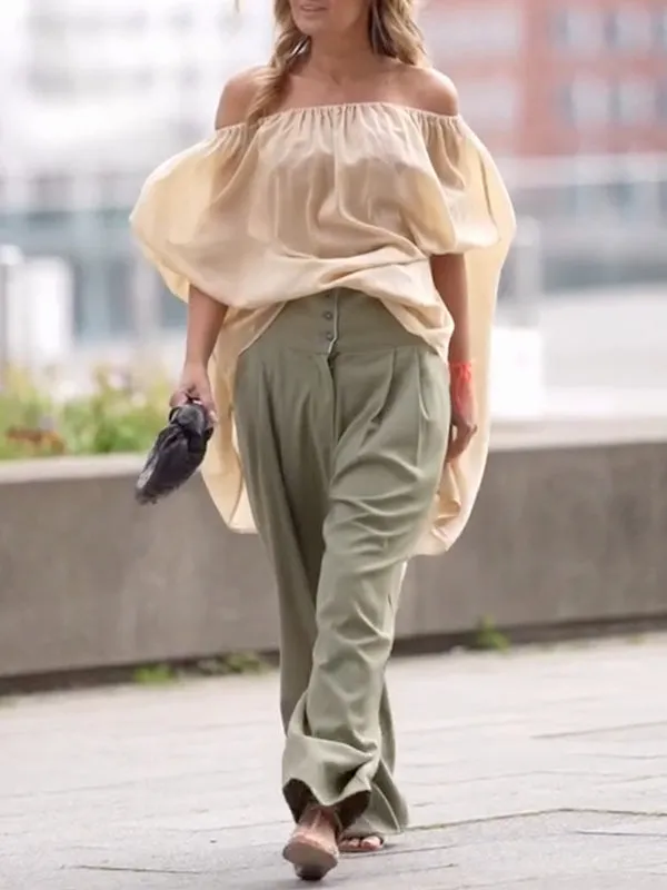 See-Through Solid Color Half Sleeves Loose Off-The-Shoulder Blouses&Shirts Tops