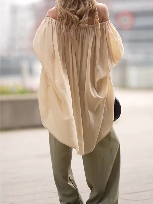 See-Through Solid Color Half Sleeves Loose Off-The-Shoulder Blouses&Shirts Tops
