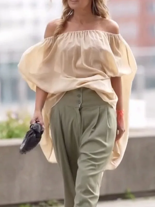 See-Through Solid Color Half Sleeves Loose Off-The-Shoulder Blouses&Shirts Tops