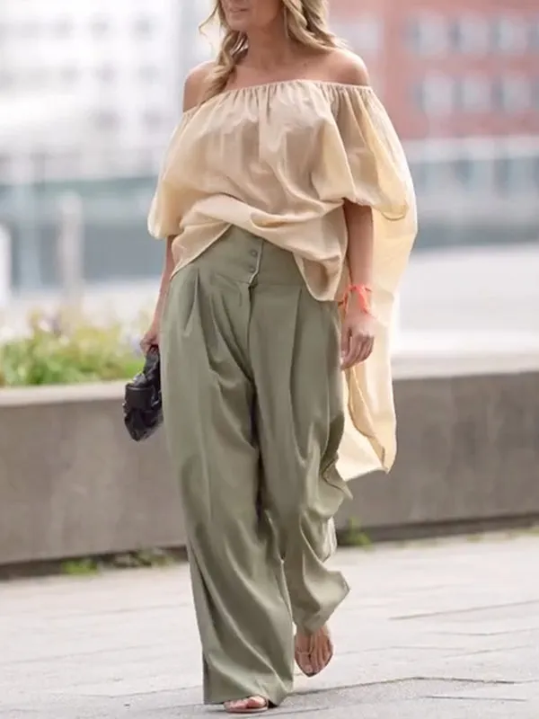 See-Through Solid Color Half Sleeves Loose Off-The-Shoulder Blouses&Shirts Tops
