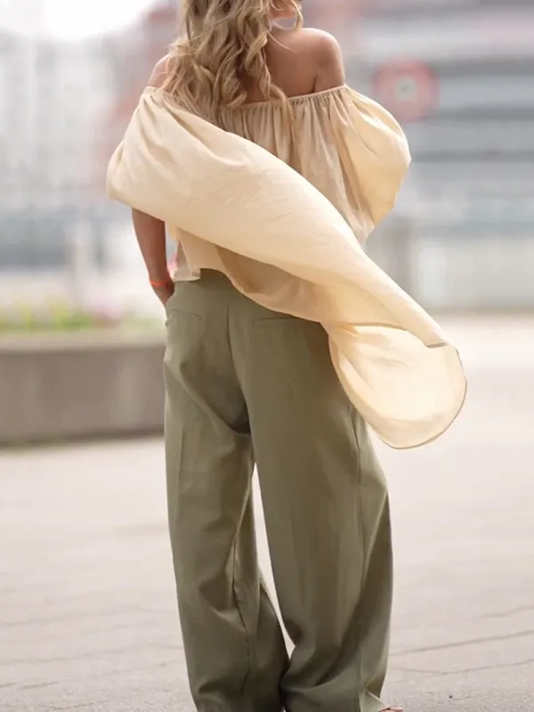 See-Through Solid Color Half Sleeves Loose Off-The-Shoulder Blouses&Shirts Tops