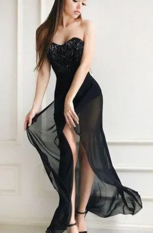 Sheath Black Sweetheart Beading Split Floor-length Prom Dress TP0104