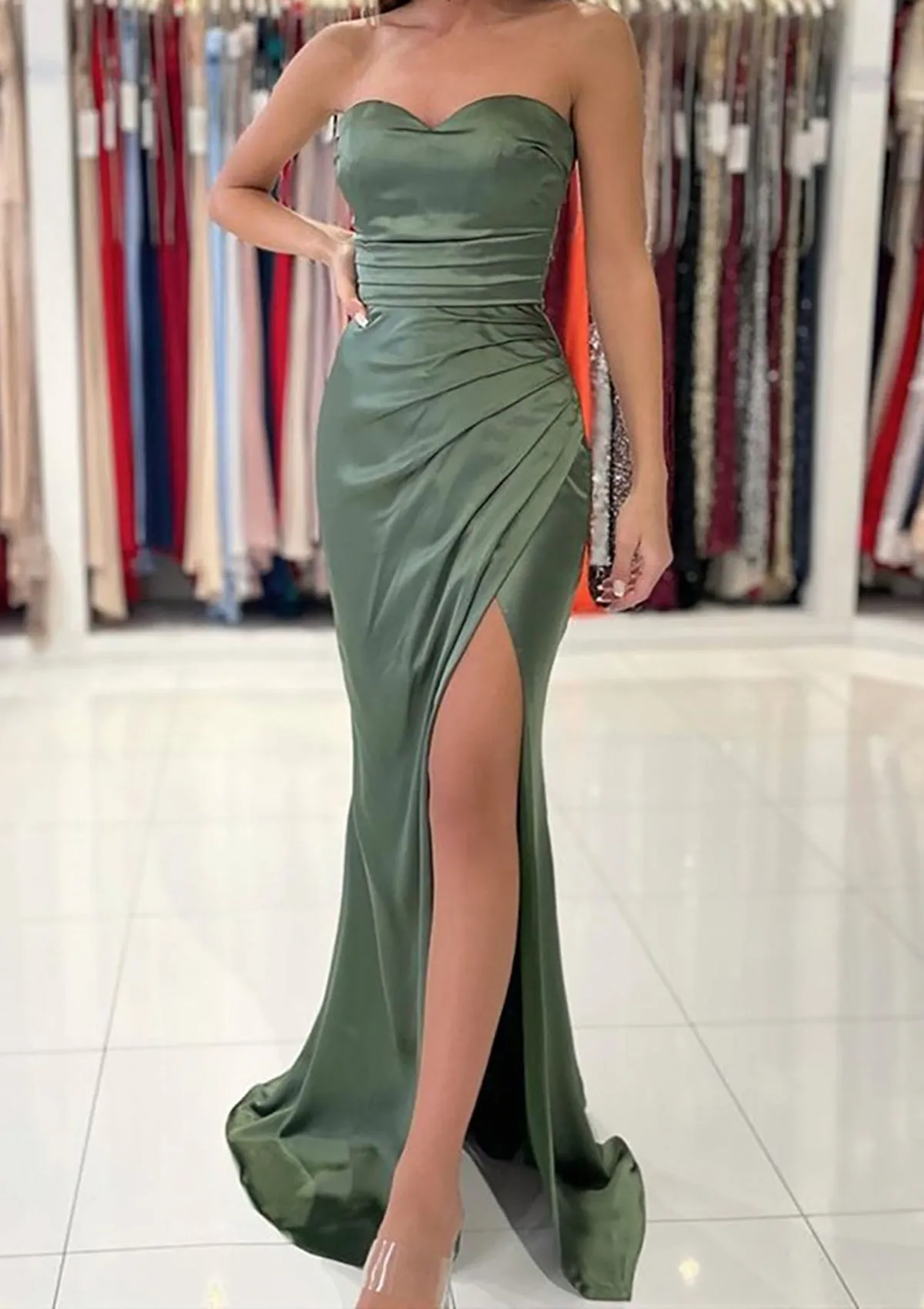 Sheath Strapless Sweetheart Split Charmeuse Floor-Length Prom Dress