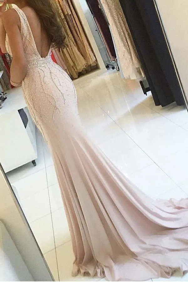 Sheath V-Neck Sweep Train Pearl Pink Backless Prom Dress with Beading PG519