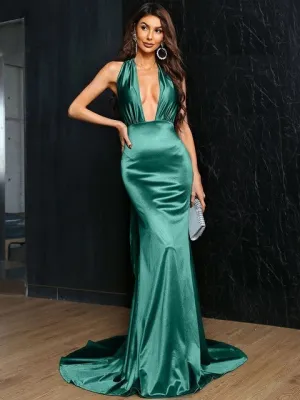 Shiny Satin Maxi Floor Dresses 2023 Sexy V-Neck Evening Maxi Long Prom Dress