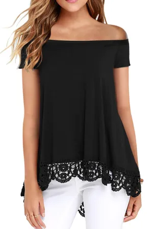 Short Sleeve Black Off Shoulder A-Line Lace Trim Blouse