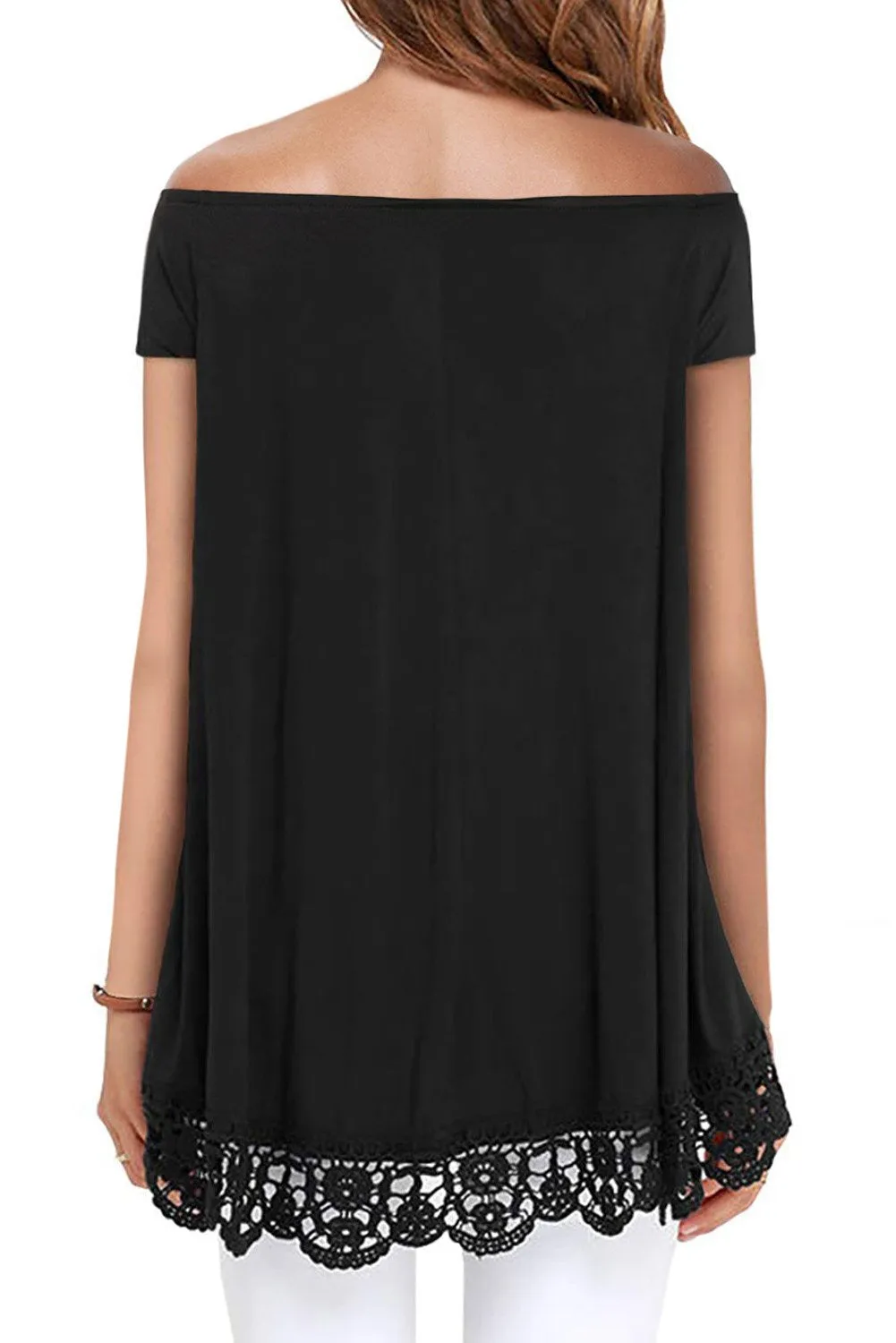 Short Sleeve Black Off Shoulder A-Line Lace Trim Blouse