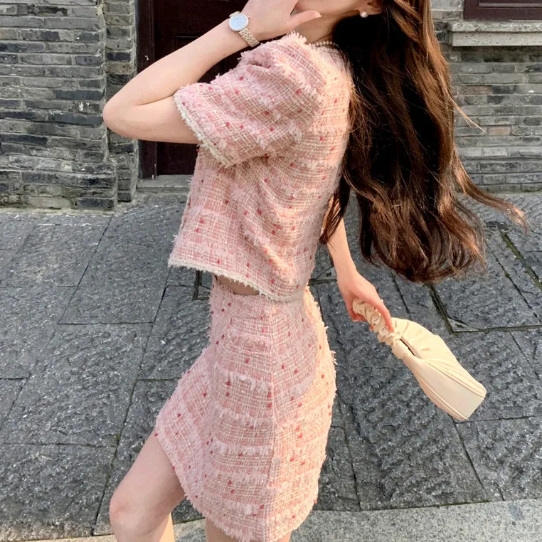 Short-Sleeved Jacket Top Tweed Skirt Elegant Set