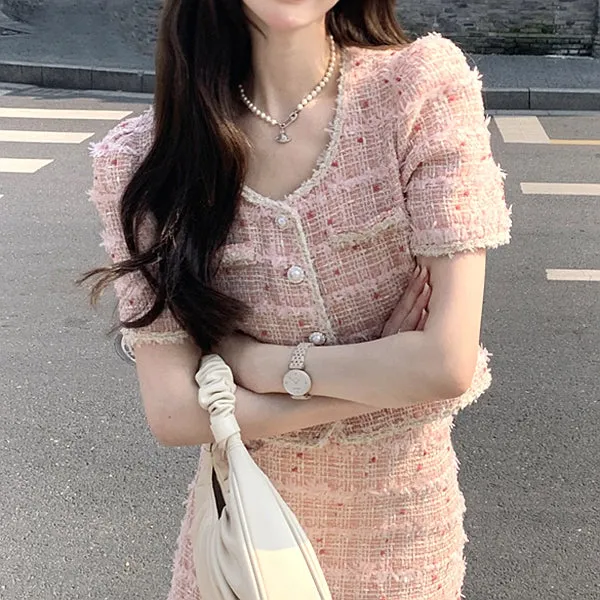 Short-Sleeved Jacket Top Tweed Skirt Elegant Set