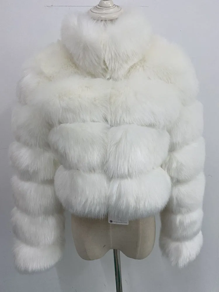 Short Winter Faux Fox Fur Coat Women Luxury Stand Fur Collar Thick Warm Furry Jacket Faux Fur Cropped Top