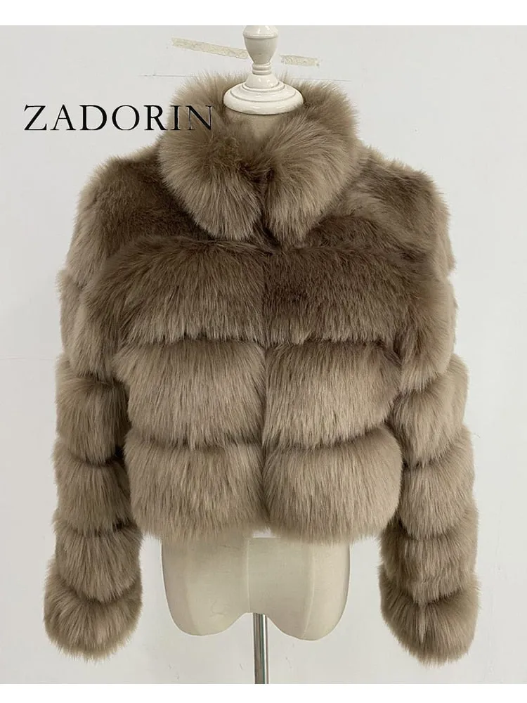 Short Winter Faux Fox Fur Coat Women Luxury Stand Fur Collar Thick Warm Furry Jacket Faux Fur Cropped Top