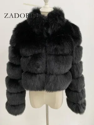 Short Winter Faux Fox Fur Coat Women Luxury Stand Fur Collar Thick Warm Furry Jacket Faux Fur Cropped Top