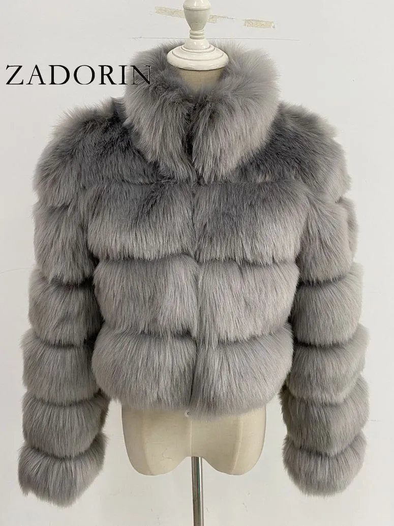 Short Winter Faux Fox Fur Coat Women Luxury Stand Fur Collar Thick Warm Furry Jacket Faux Fur Cropped Top
