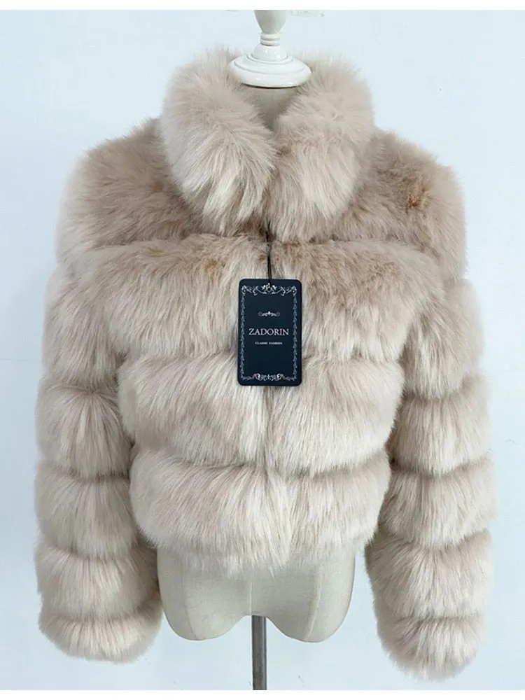 Short Winter Faux Fox Fur Coat Women Luxury Stand Fur Collar Thick Warm Furry Jacket Faux Fur Cropped Top