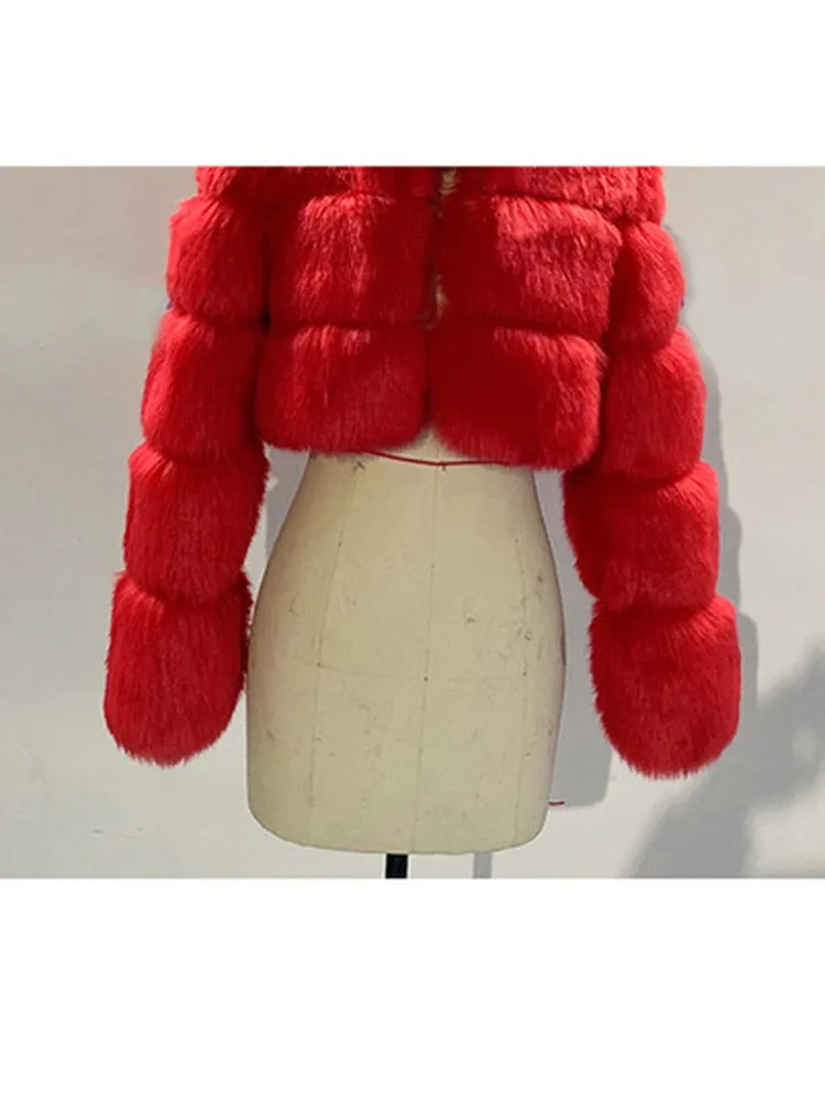 Short Winter Faux Fox Fur Coat Women Luxury Stand Fur Collar Thick Warm Furry Jacket Faux Fur Cropped Top