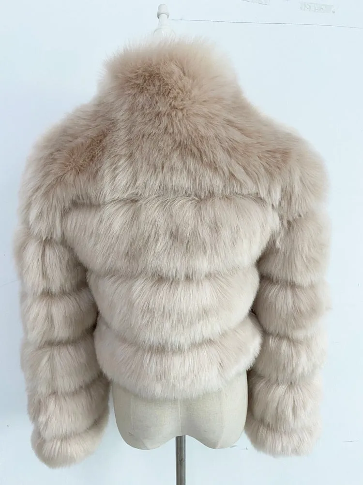 Short Winter Faux Fox Fur Coat Women Luxury Stand Fur Collar Thick Warm Furry Jacket Faux Fur Cropped Top