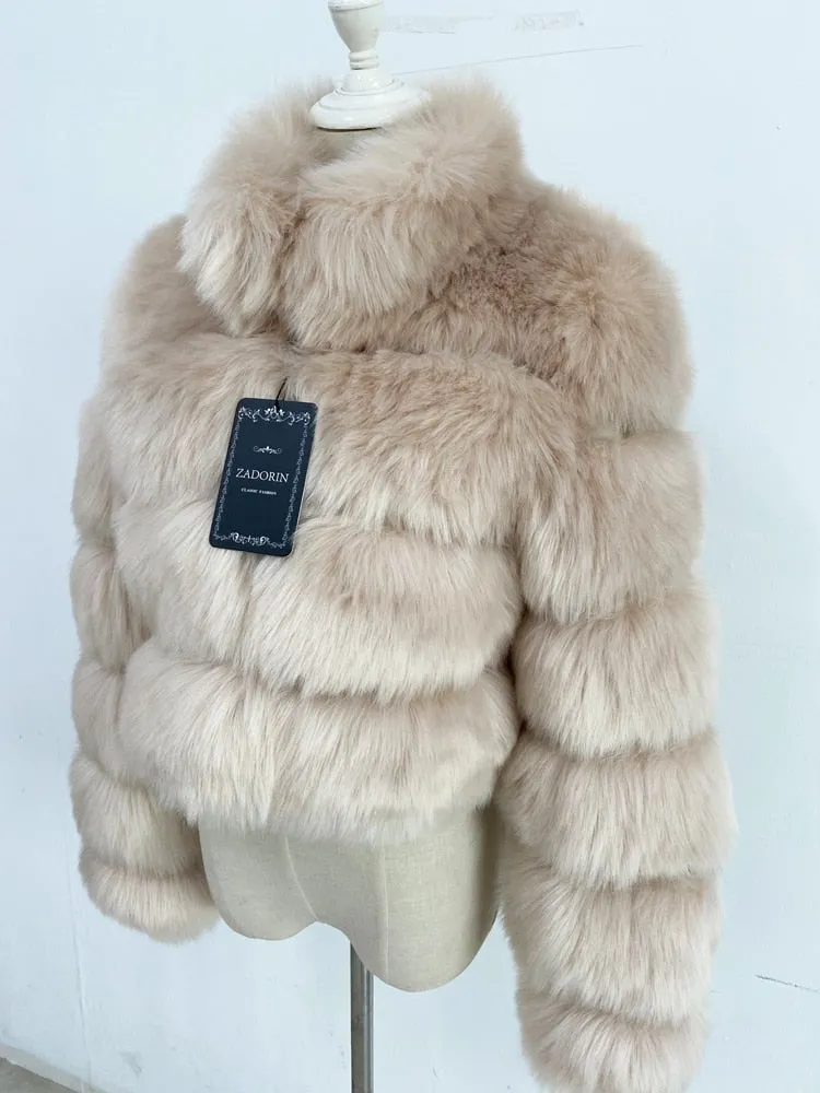 Short Winter Faux Fox Fur Coat Women Luxury Stand Fur Collar Thick Warm Furry Jacket Faux Fur Cropped Top