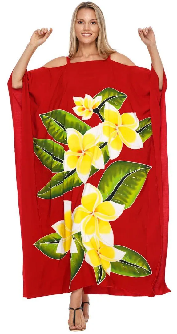 SHU-SHI Women's Cold Shoulder Floral Kaftan Dress | Plus Size Maxi Beach Cover-Up Caftan