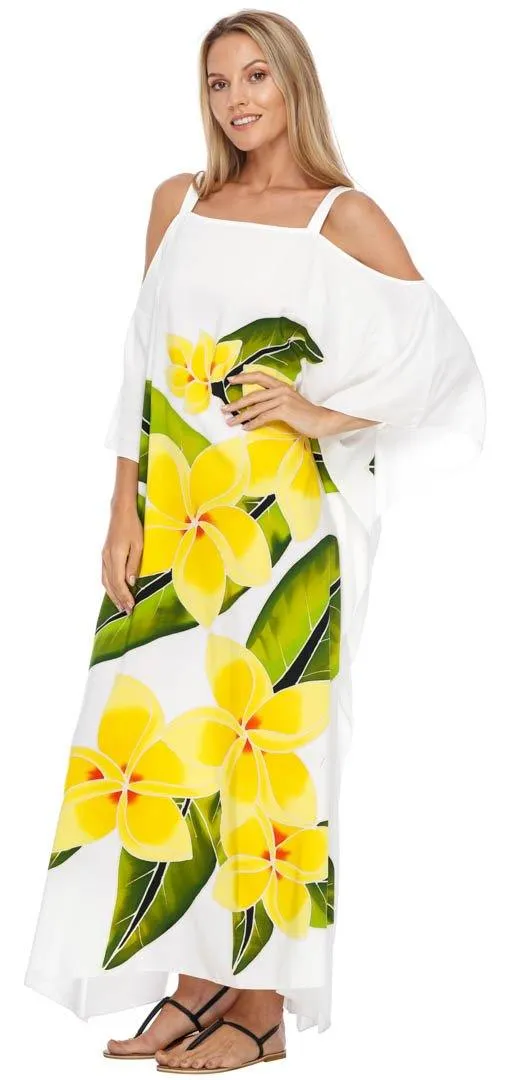 SHU-SHI Women's Cold Shoulder Floral Kaftan Dress | Plus Size Maxi Beach Cover-Up Caftan