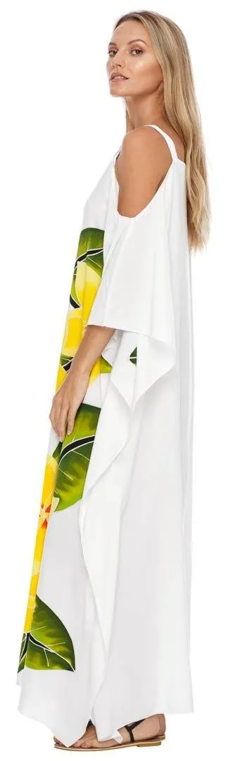 SHU-SHI Women's Cold Shoulder Floral Kaftan Dress | Plus Size Maxi Beach Cover-Up Caftan