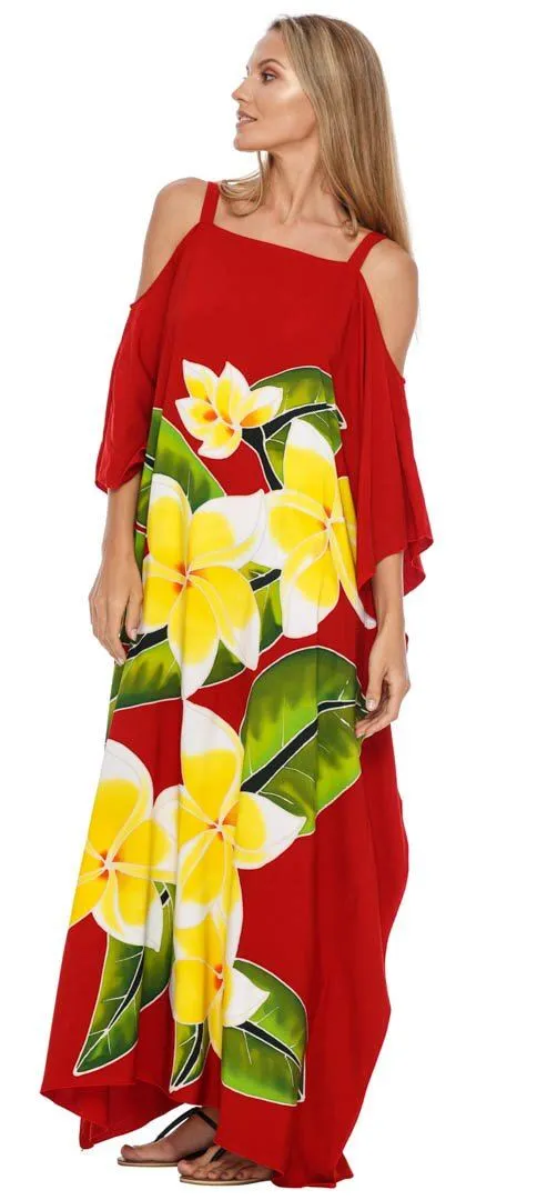SHU-SHI Women's Cold Shoulder Floral Kaftan Dress | Plus Size Maxi Beach Cover-Up Caftan