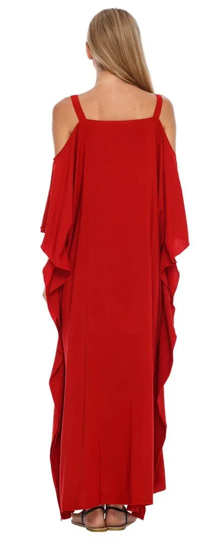 SHU-SHI Women's Cold Shoulder Floral Kaftan Dress | Plus Size Maxi Beach Cover-Up Caftan