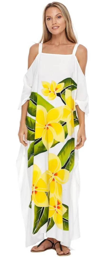 SHU-SHI Women's Cold Shoulder Floral Kaftan Dress | Plus Size Maxi Beach Cover-Up Caftan