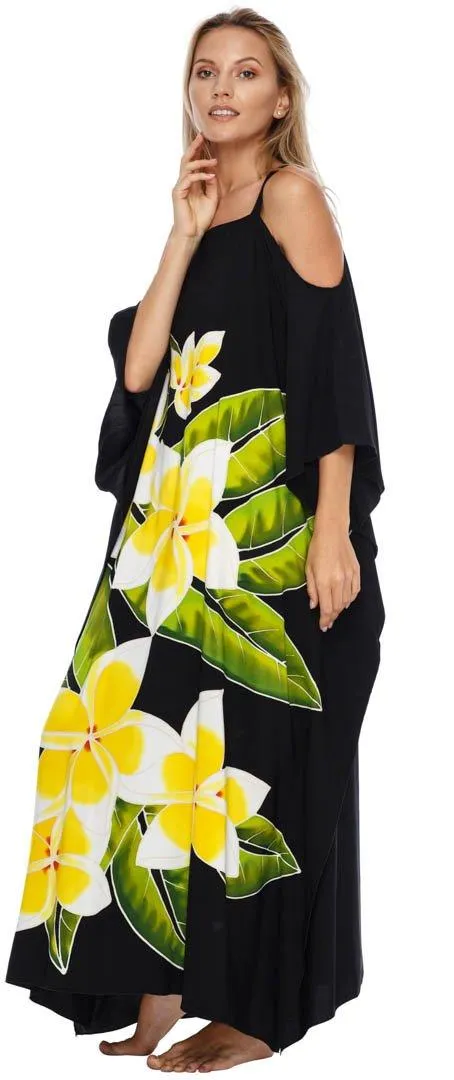 SHU-SHI Women's Cold Shoulder Floral Kaftan Dress | Plus Size Maxi Beach Cover-Up Caftan