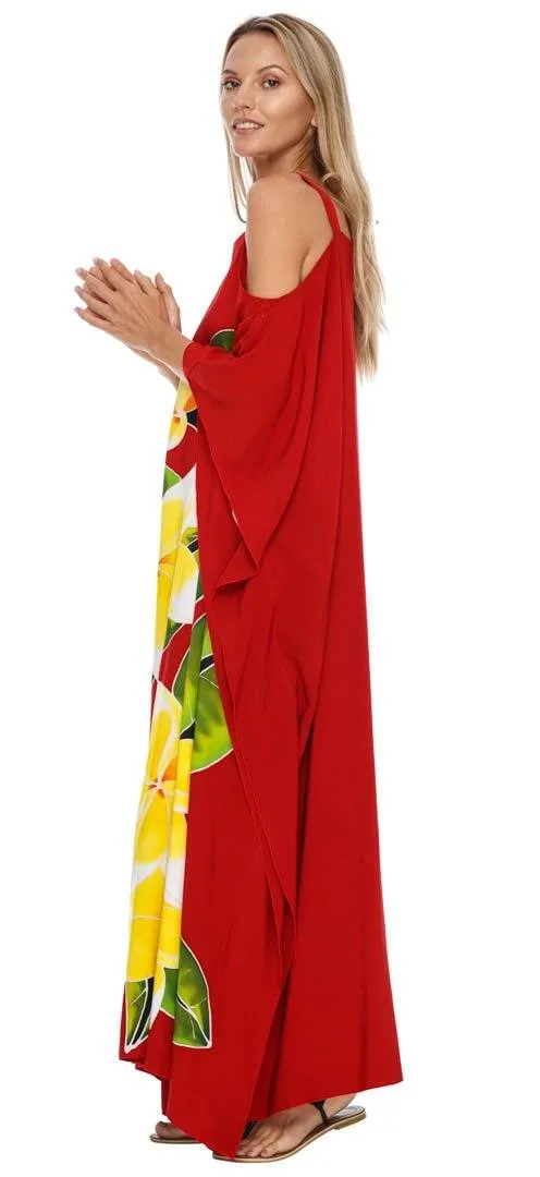 SHU-SHI Women's Cold Shoulder Floral Kaftan Dress | Plus Size Maxi Beach Cover-Up Caftan